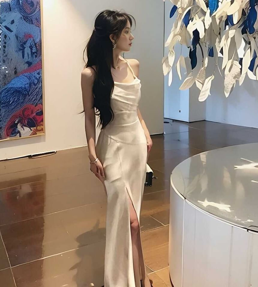 Cowl Neck Spaghetti Strap Slit Satin A-Line Maxi Dress