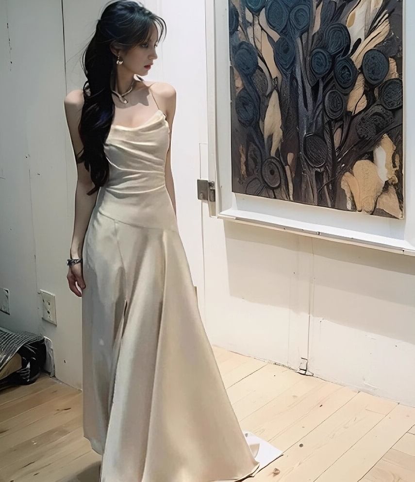 Cowl Neck Spaghetti Strap Slit Satin A-Line Maxi Dress