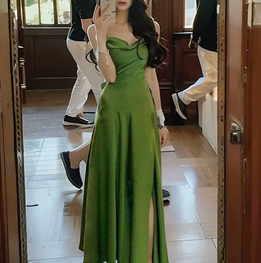 Cowl Neck Spaghetti Strap Slit Satin A-Line Maxi Dress