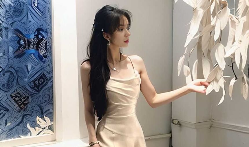 Cowl Neck Spaghetti Strap Slit Satin A-Line Maxi Dress