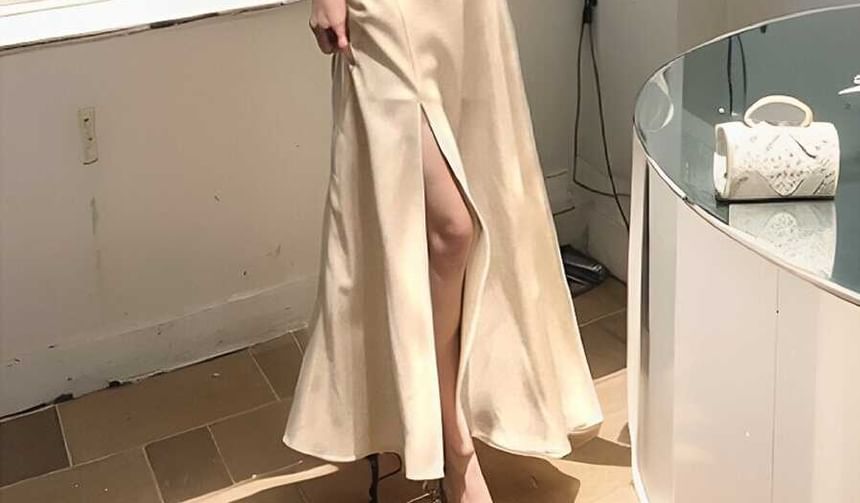 Cowl Neck Spaghetti Strap Slit Satin A-Line Maxi Dress