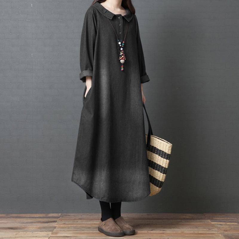 Collared Denim Long-Sleeve A-Line Maxi Gown