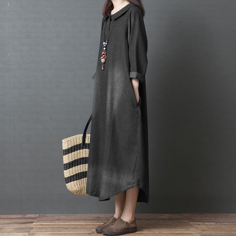 Collared Denim Long-Sleeve A-Line Maxi Gown