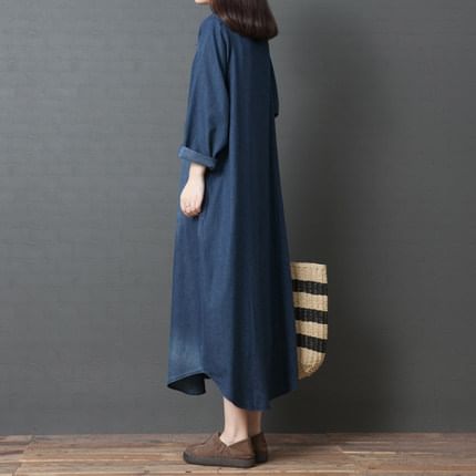 Collared Denim Long-Sleeve A-Line Maxi Gown