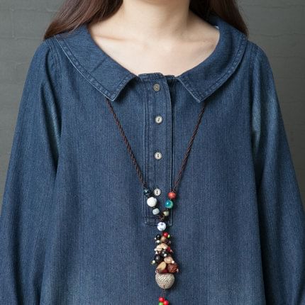 Collared Denim Long-Sleeve A-Line Maxi Gown