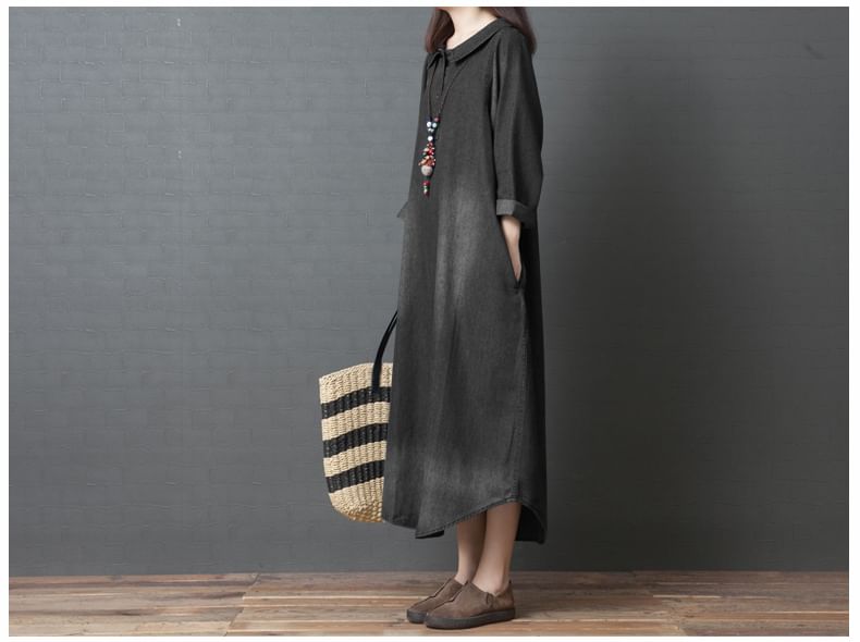 Collared Denim Long-Sleeve A-Line Maxi Gown