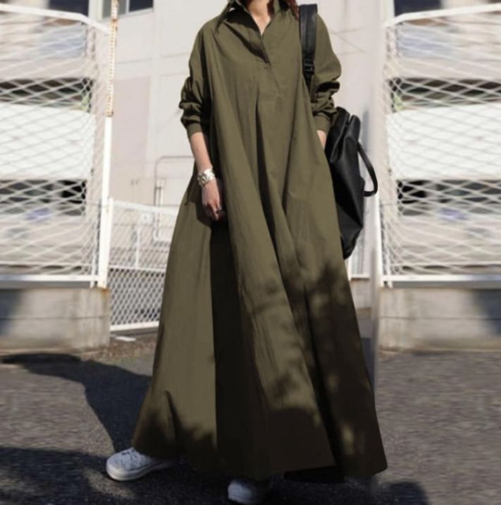 Collared Linen Long-Sleeve Plain A-Line Maxi Dress
