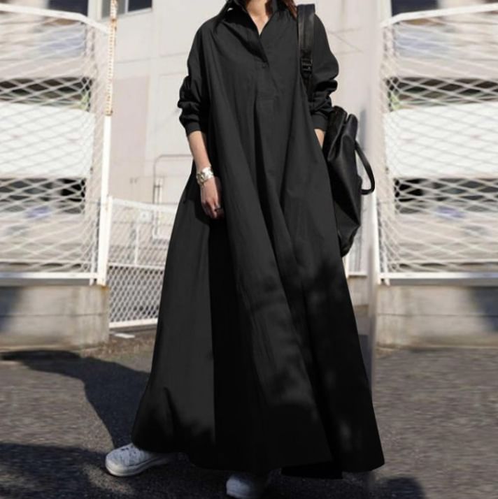 Collared Linen Long-Sleeve Plain A-Line Maxi Dress