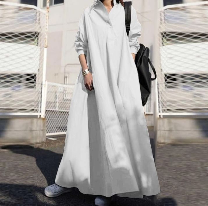 Collared Linen Long-Sleeve Plain A-Line Maxi Dress