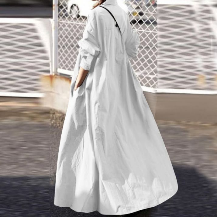 Collared Linen Long-Sleeve Plain A-Line Maxi Dress