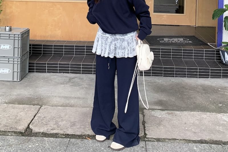 Boatneck Sweatshirt with Lace Cami and Baggy Pants