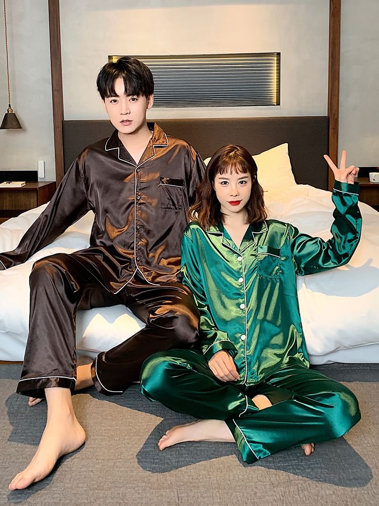 Couple Matching Pajama Set: Long-Sleeve Satin Top + Pants