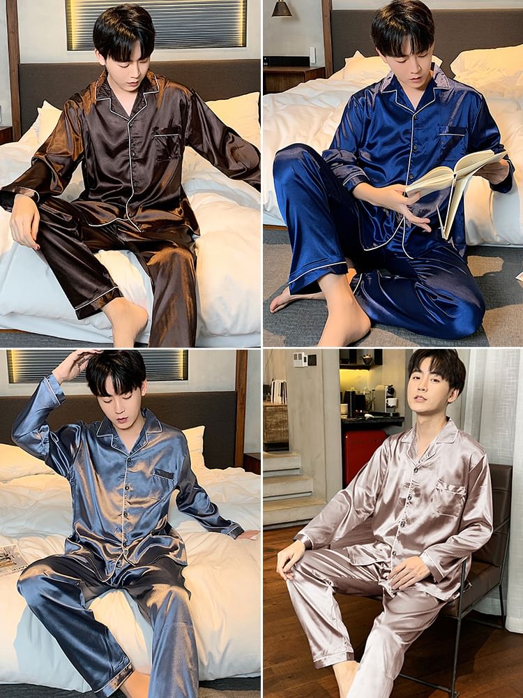 Couple Matching Pajama Set: Long-Sleeve Satin Top + Pants