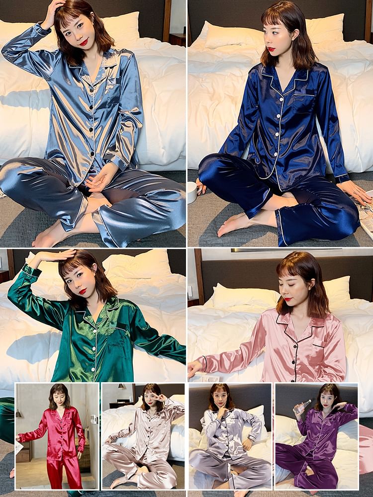 Couple Matching Pajama Set: Long-Sleeve Satin Top + Pants