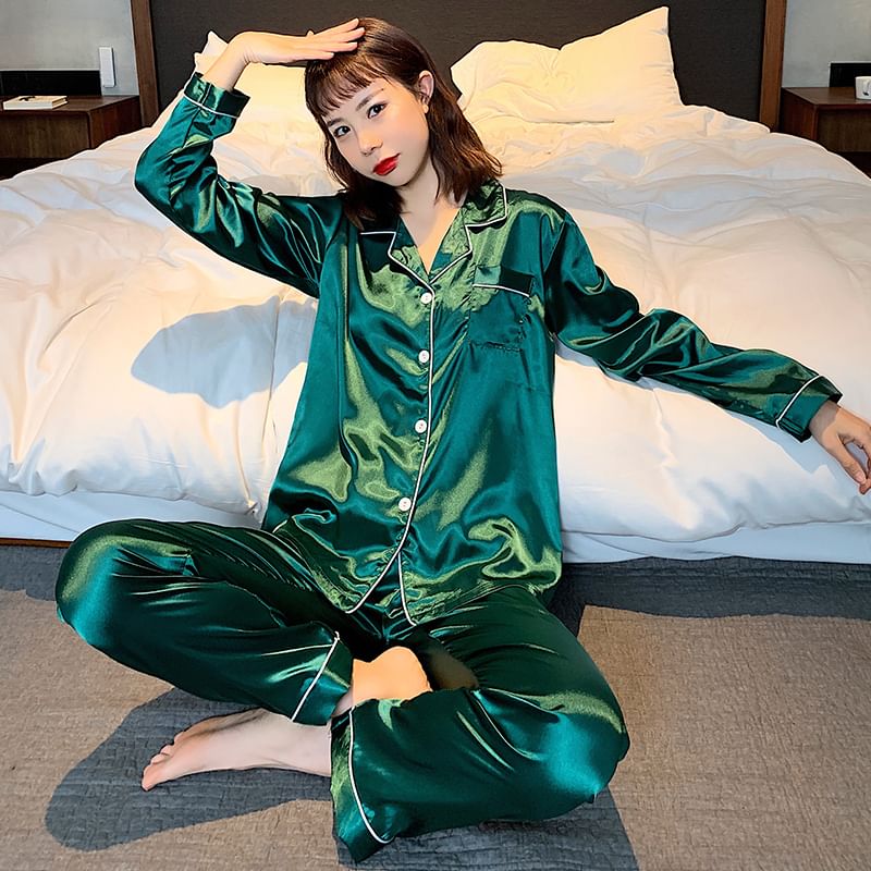 Couple Matching Pajama Set: Long-Sleeve Satin Top + Pants