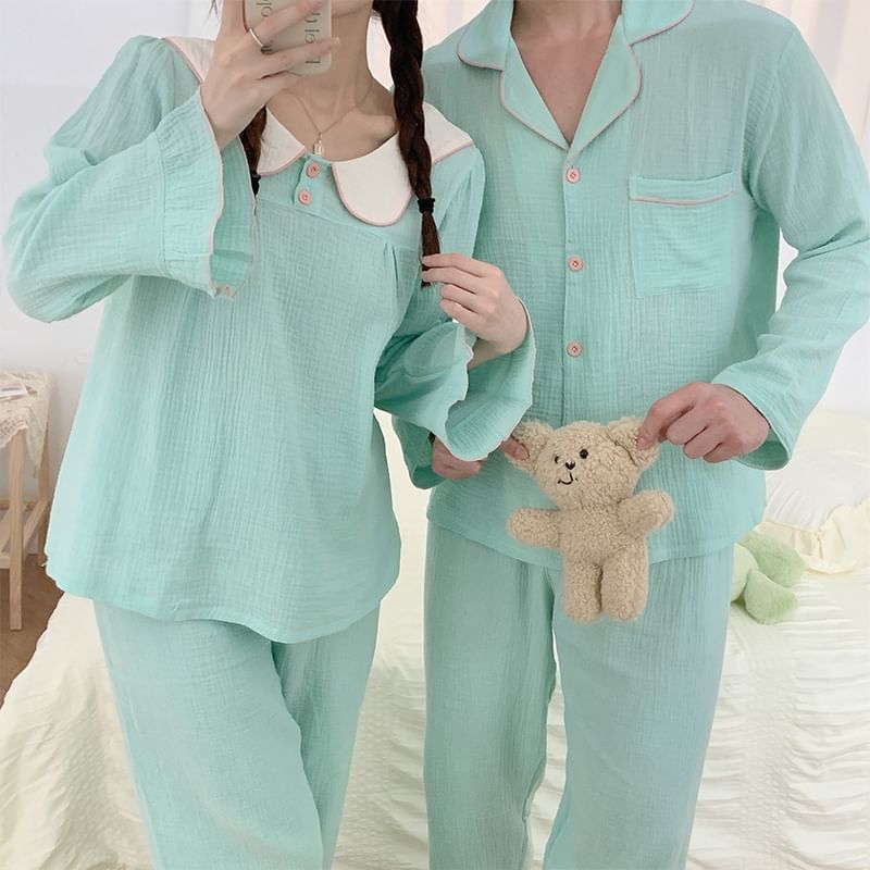 Couple Matching Pajama Set: Long-Sleeve Top + Pants