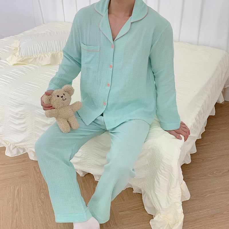 Couple Matching Pajama Set: Long-Sleeve Top + Pants