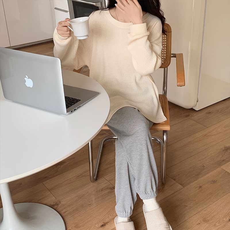 Couple Matching Pajama Set: Long-Sleeve Plain Top + Pants