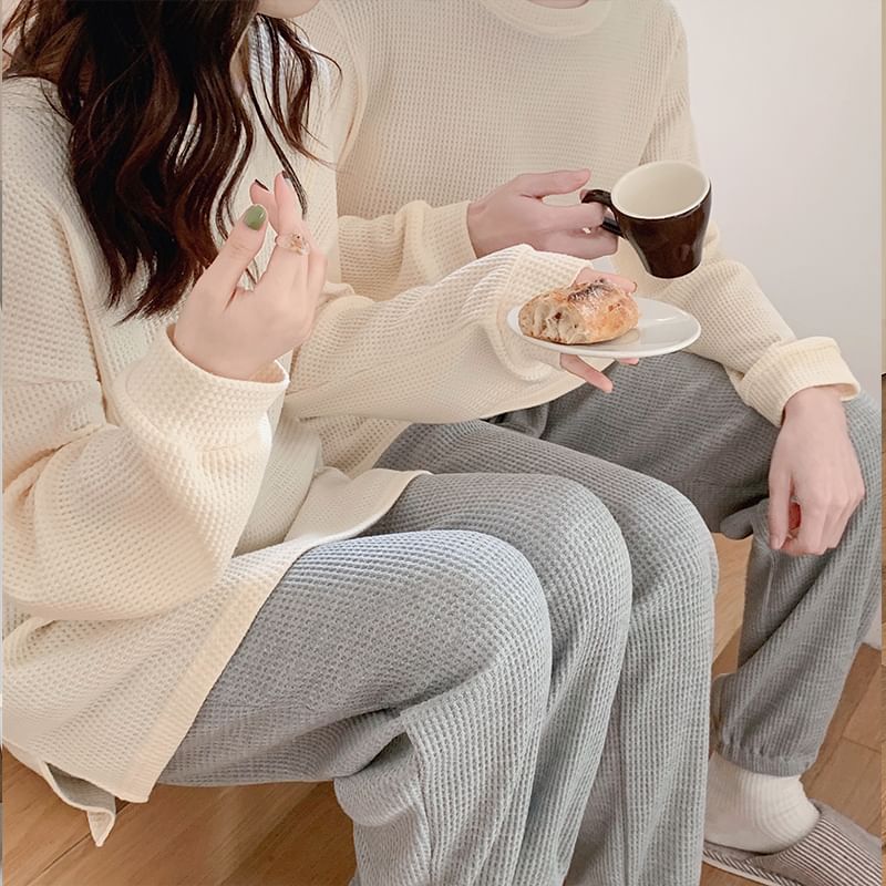 Couple Matching Pajama Set: Long-Sleeve Plain Top + Pants