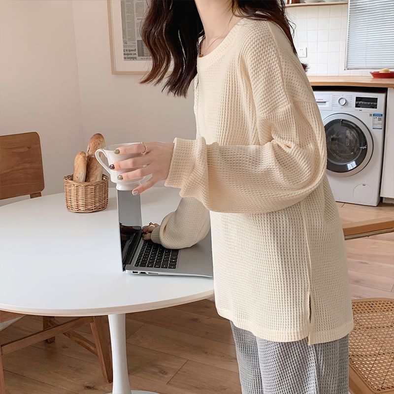 Couple Matching Pajama Set: Long-Sleeve Plain Top + Pants