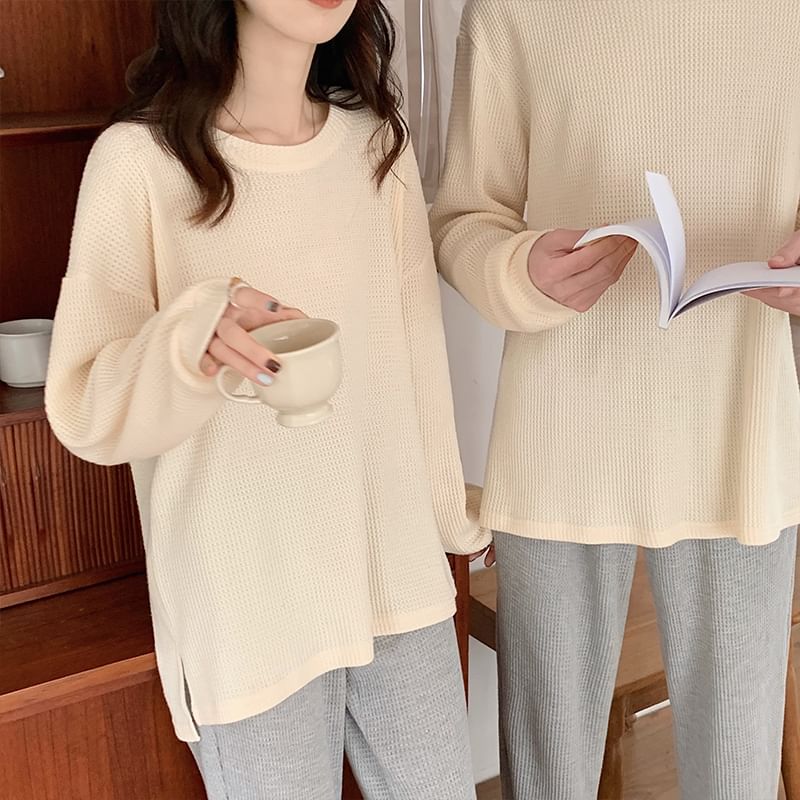 Couple Matching Pajama Set: Long-Sleeve Plain Top + Pants