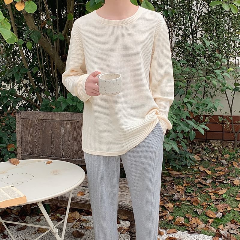 Couple Matching Pajama Set: Long-Sleeve Plain Top + Pants