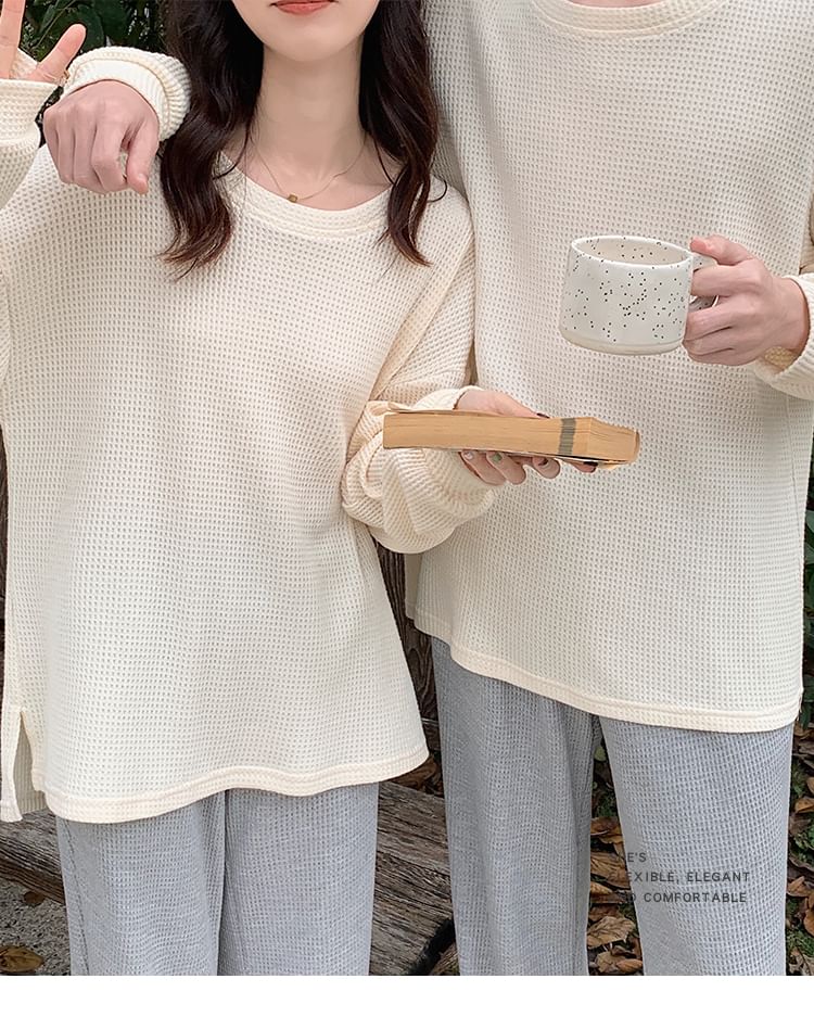 Couple Matching Pajama Set: Long-Sleeve Plain Top + Pants