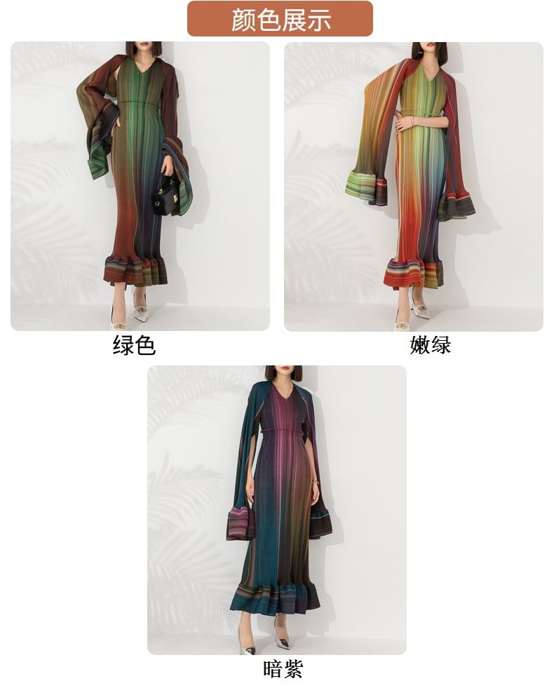 Flared-Sleeve V-Neck Striped Ruffle Sheath Maxi Dress