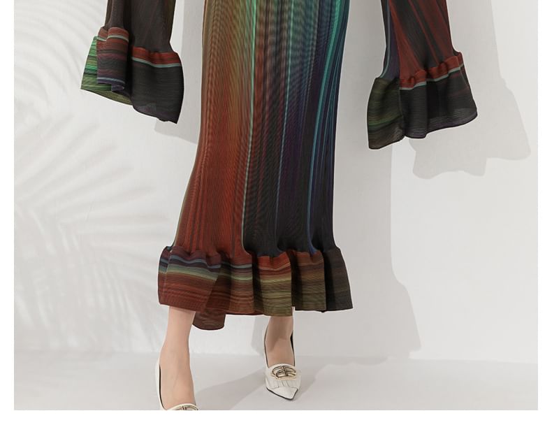 Flared-Sleeve V-Neck Striped Ruffle Sheath Maxi Dress