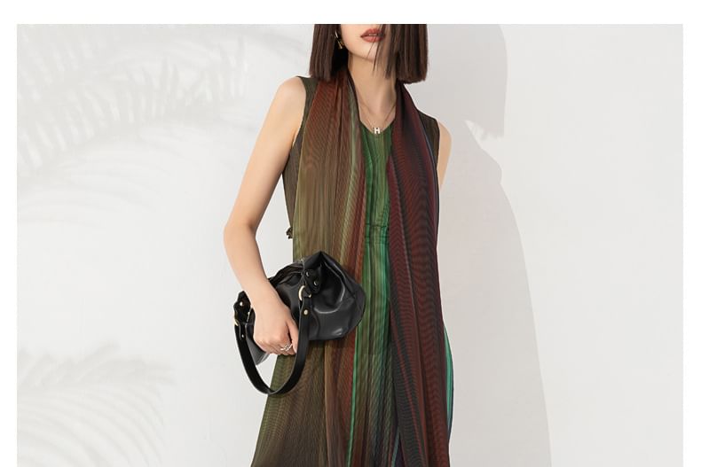 Flared-Sleeve V-Neck Striped Ruffle Sheath Maxi Dress
