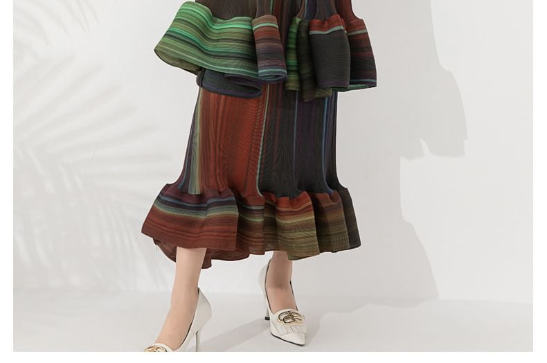Flared-Sleeve V-Neck Striped Ruffle Sheath Maxi Dress