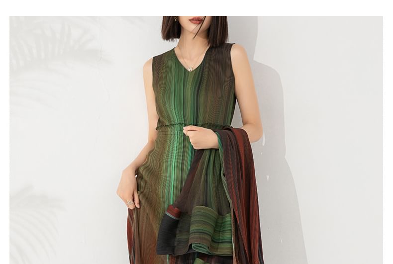 Flared-Sleeve V-Neck Striped Ruffle Sheath Maxi Dress