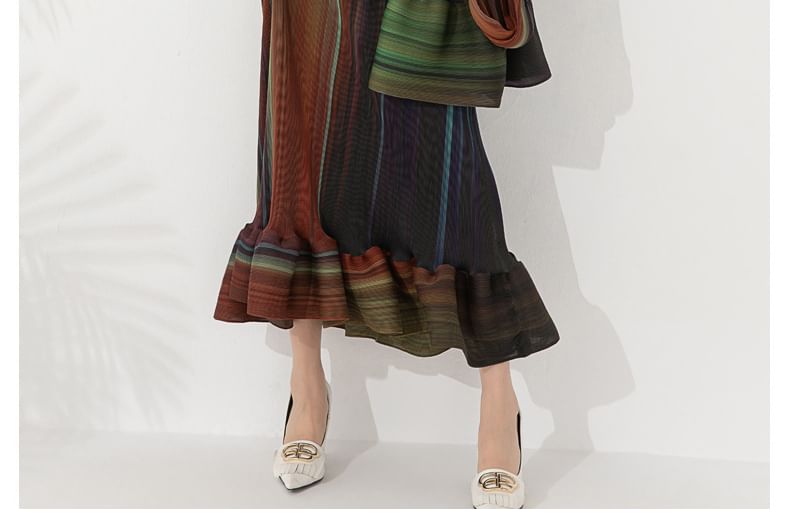 Flared-Sleeve V-Neck Striped Ruffle Sheath Maxi Dress