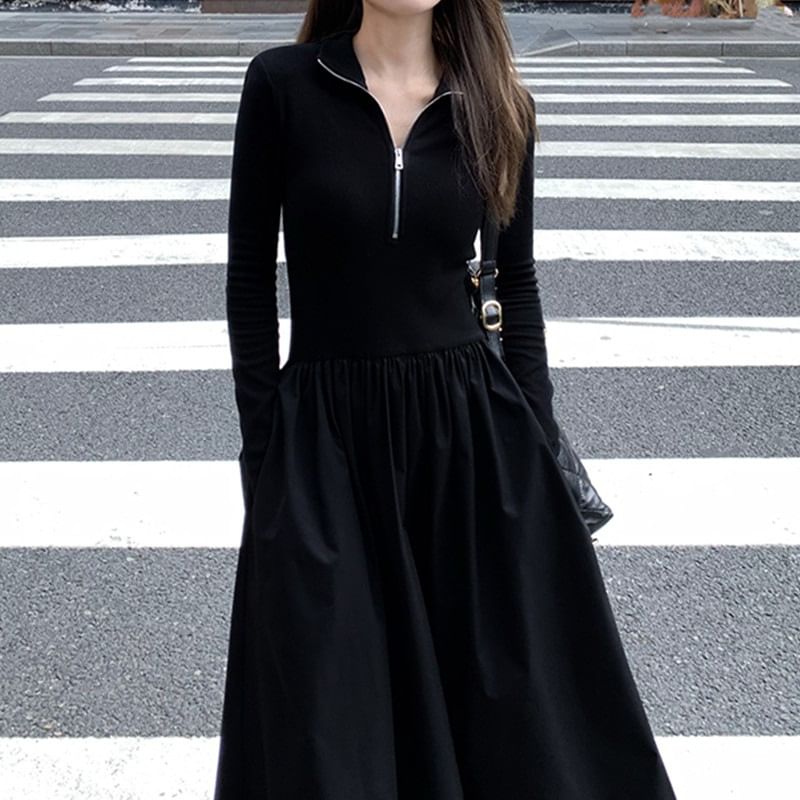 Half Zip Knit Long-Sleeve A-Line Maxi Dress