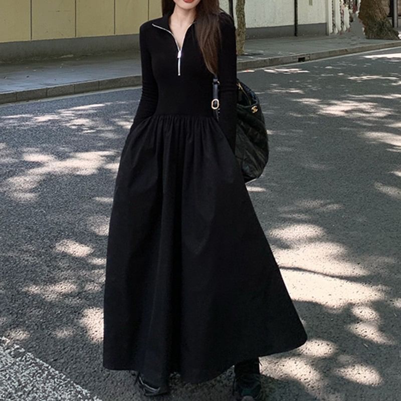 Half Zip Knit Long-Sleeve A-Line Maxi Dress