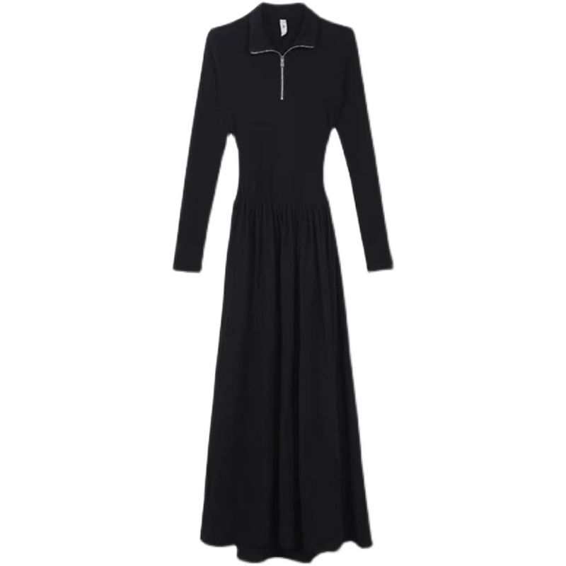 Half Zip Knit Long-Sleeve A-Line Maxi Dress