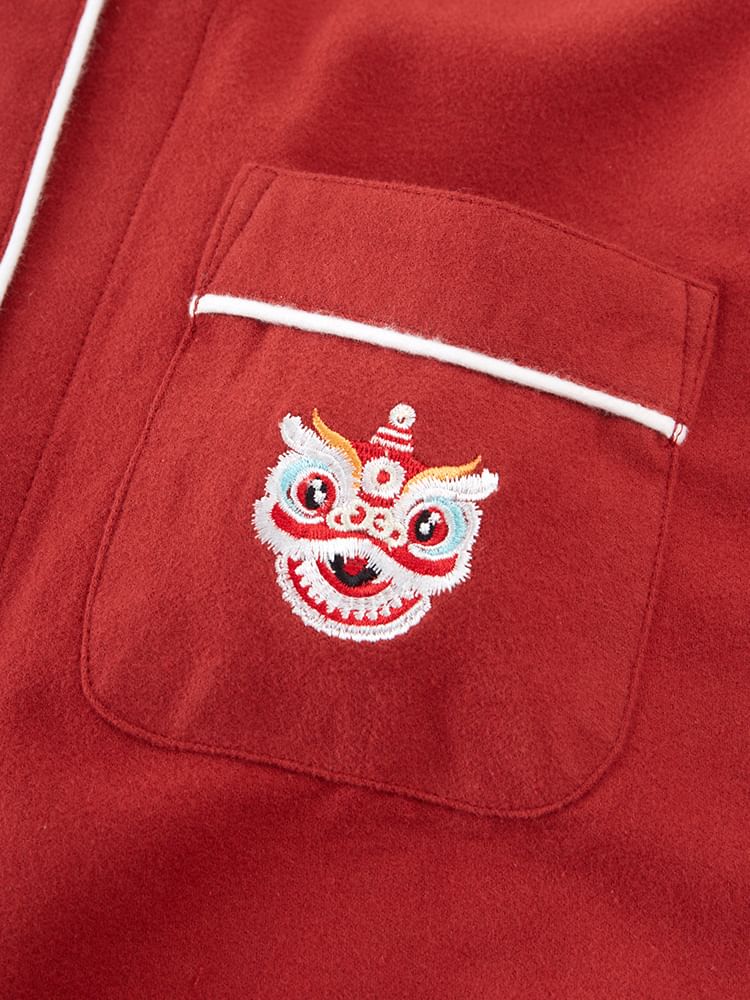 Couple Matching Pajama Set: Long-Sleeve Embroidered Top + Pants