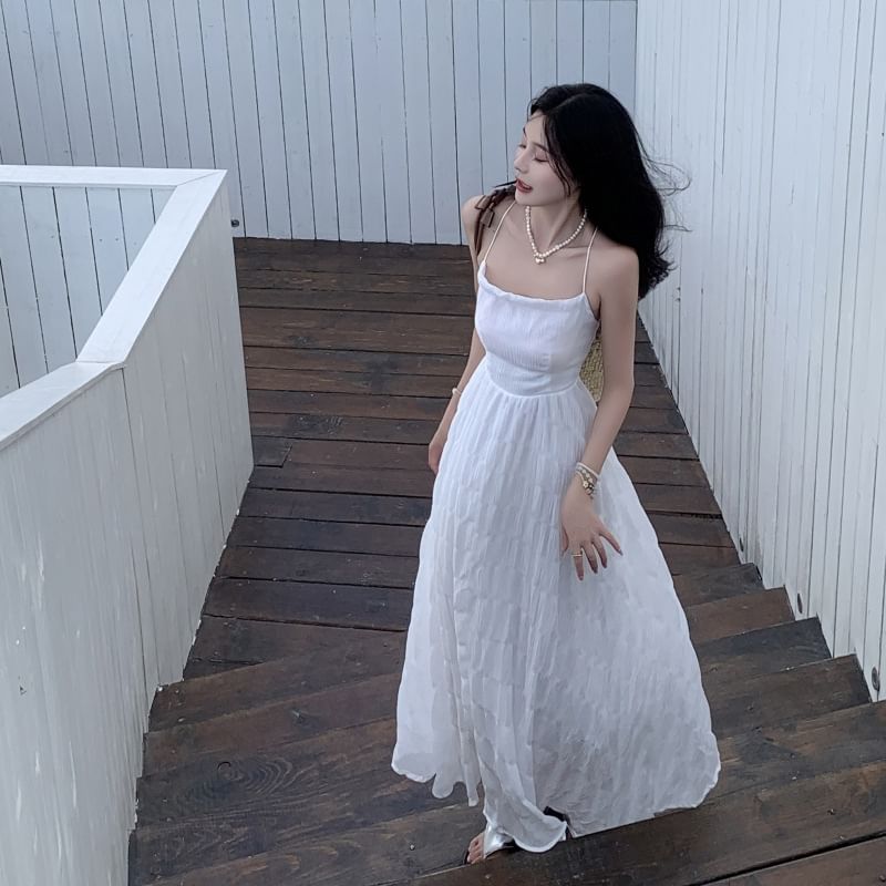 Spaghetti Strap Plain Open Back A-Line Maxi Dress