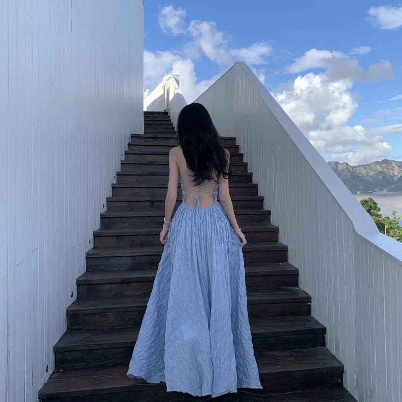 Spaghetti Strap Plain Open Back A-Line Maxi Dress