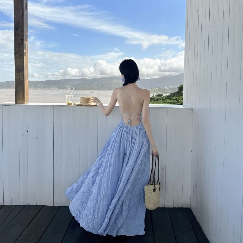Spaghetti Strap Plain Open Back A-Line Maxi Dress