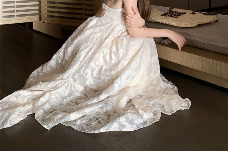 Jacquard Halter Open Back A-Line Maxi Gown