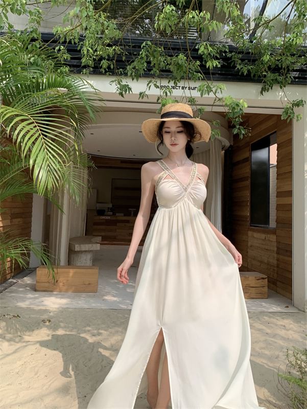 V-Neck Cutout Sleeveless Slit A-Line Maxi Dress