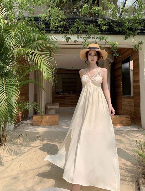 V-Neck Cutout Sleeveless Slit A-Line Maxi Dress