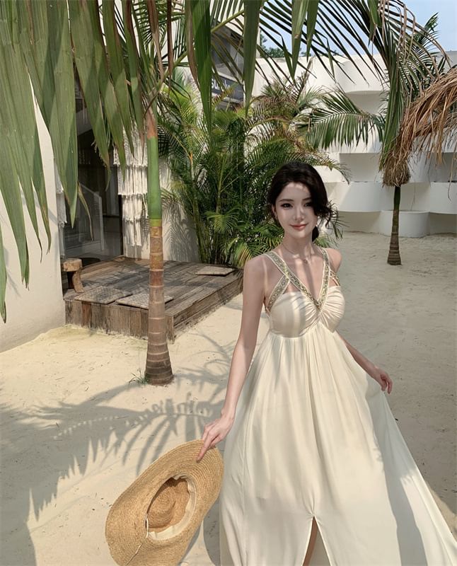 V-Neck Cutout Sleeveless Slit A-Line Maxi Dress