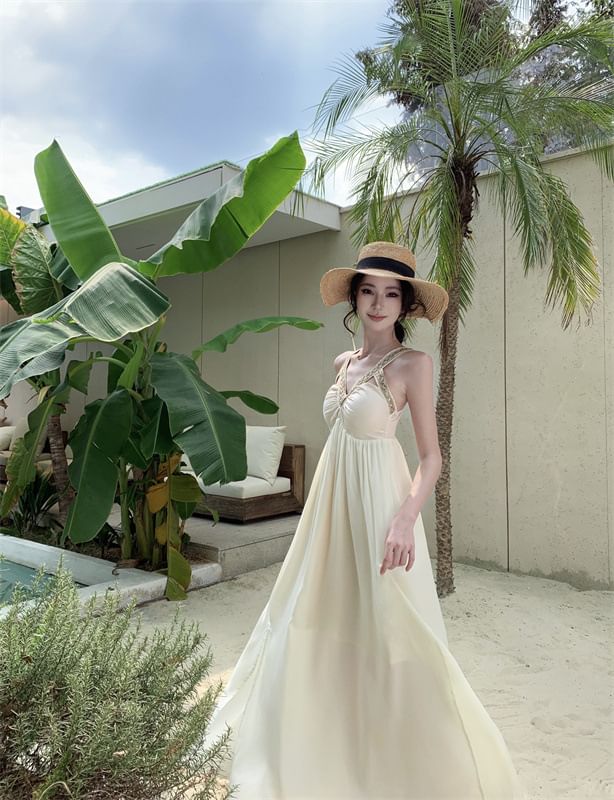 V-Neck Cutout Sleeveless Slit A-Line Maxi Dress