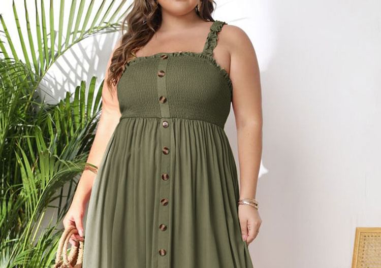 Button-Up Sleeveless Plain A-Line Maxi Dress