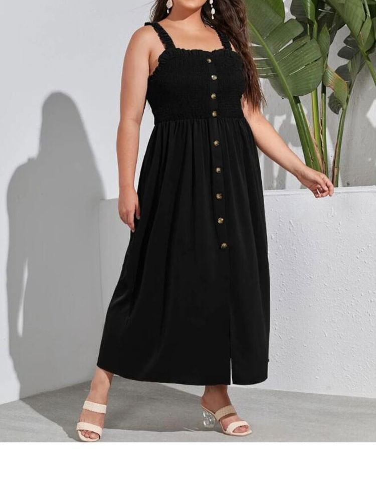 Button-Up Sleeveless Plain A-Line Maxi Dress