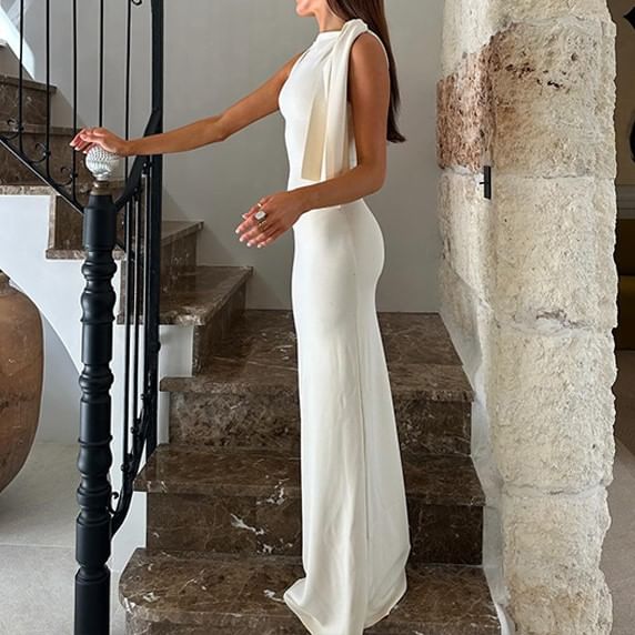 Boat Neck Sleeveless Plain Sheath Maxi Dress