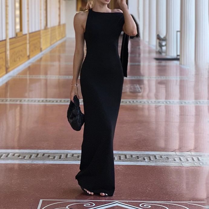 Boat Neck Sleeveless Plain Sheath Maxi Dress