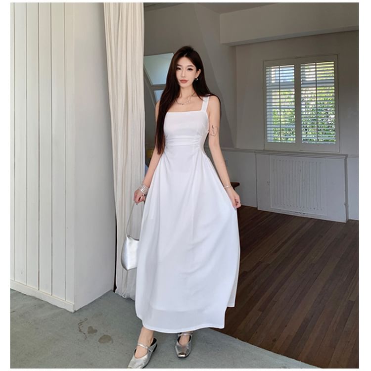 Square Neck Sleeveless Ruched A-Line Maxi Dress